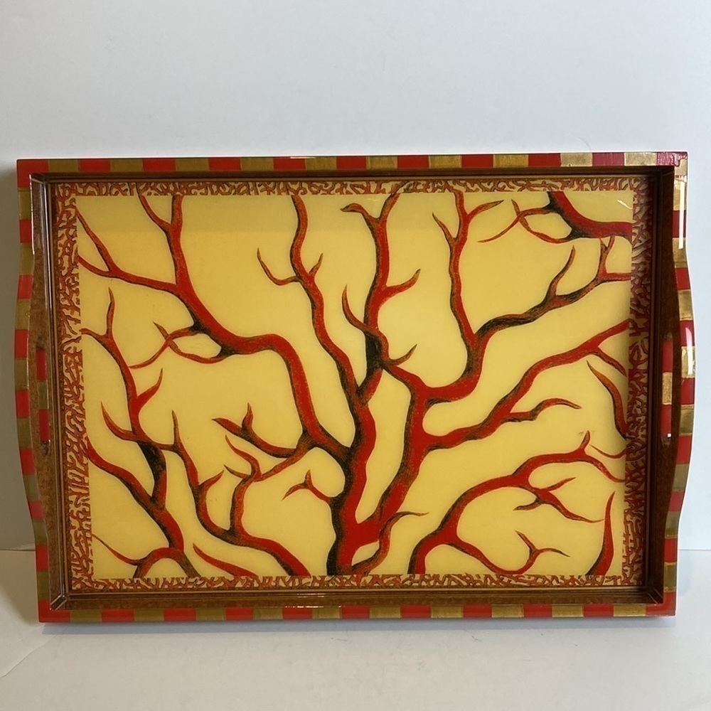 Annie Modica Signed Lobster Coral Stripe Decoupage Style Handle Tray Artisan